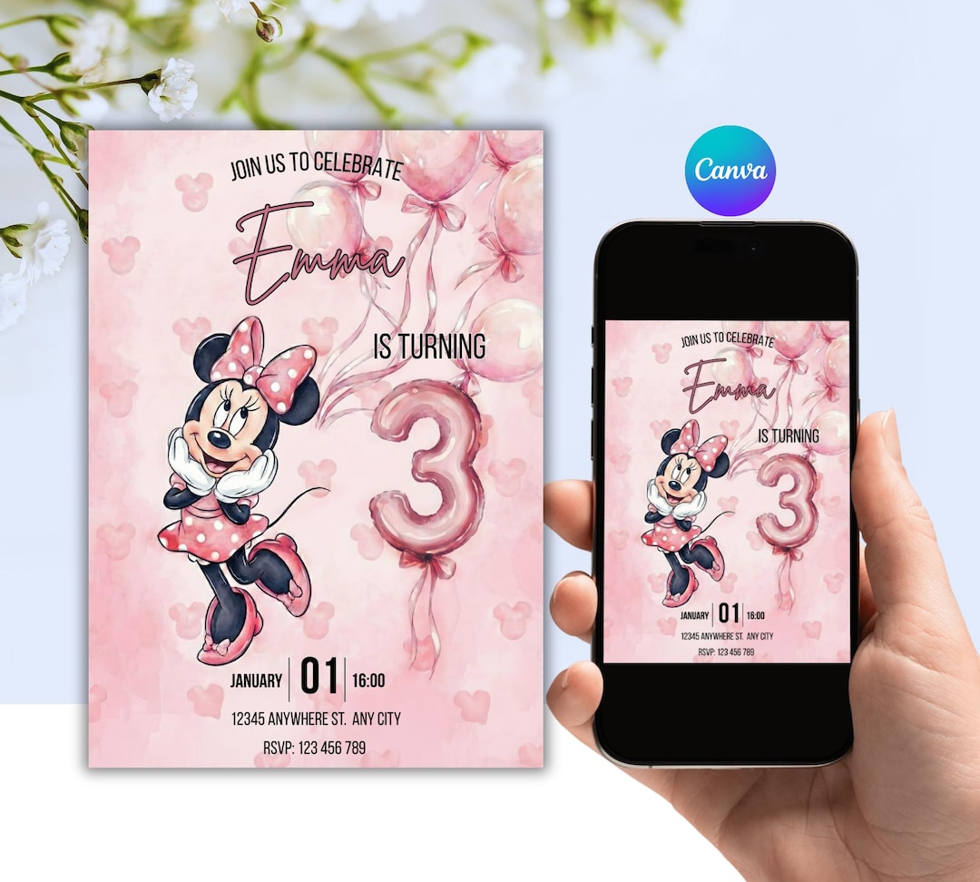 Editable Minnie Mouse Third Birthday Invitation Pink Canva Party