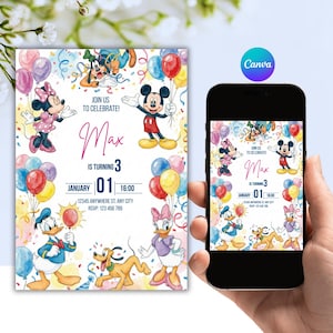 Può includere: Un colorato invito di compleanno con Topolino, Minnie, Paperino, Paperina, Pippo e Pluto. L'invito include il testo "Unisciti a noi per festeggiare!" e "Max compie 3 anni". La data è il 1° gennaio.