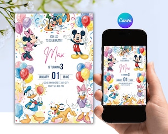 Mickey Mouse and Friends Birthday Invitation Editable Digital Canva Template