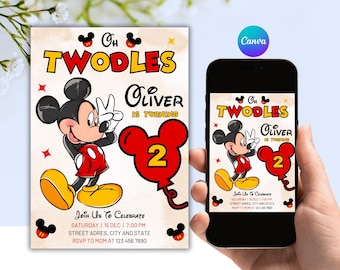 Editable Mickey Mouse Birthday Invitation, Oh Twodles Invitation, Mickey Mouse Birthday, Canva Editable Invitation, Mickey Twodles Invite