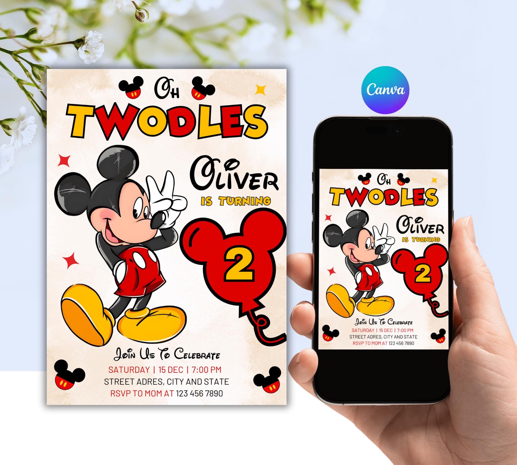Editable Mickey Mouse Birthday Invitation, Oh Twodles Invitation ...