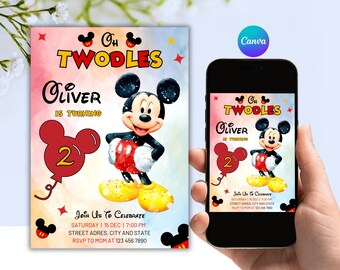 Mickey Mouse Oh Twodles Birthday Invitation, Editable Canva Template (Digital Download)