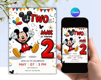 Editable Mickey Mouse Oh Twodles Birthday Invitation | Canva Digital Template
