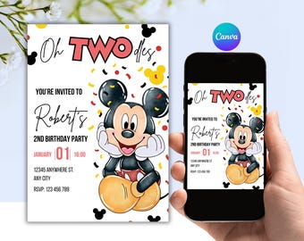 Editable Mickey Mouse Oh Twodles Birthday Invitation Digital Canva Template