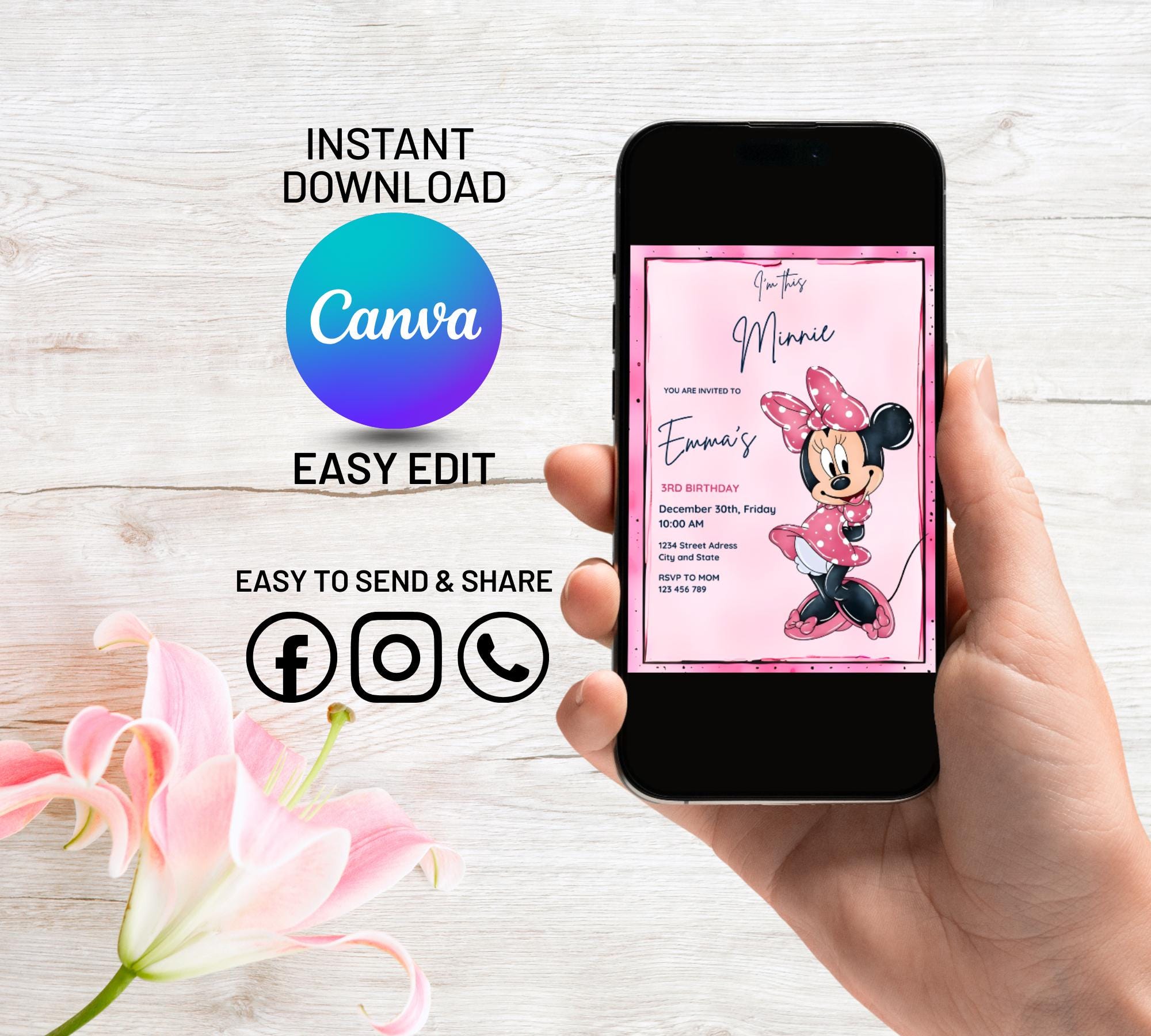 Editable Minnie Mouse 3rd Birthday Invite Pink Girl Party Digital Canva ...