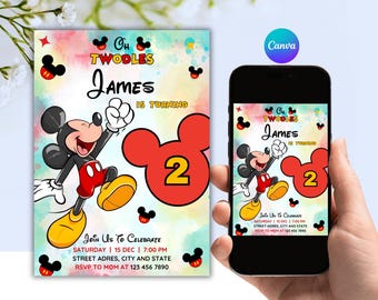 Mickey Mouse Twodles Invitation, 2nd Birthday, Editable Canva Template (Digital Download)