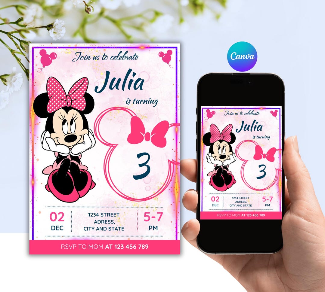 Editable Minnie Mouse Pink Birthday Invitation for Girls Third Birthday ...