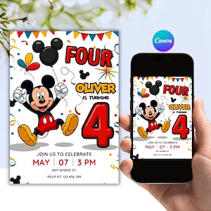 以下が含まれることがあります： ミッキーマウス、テキスト「FOUR」、名前「Oliver」をフィーチャーした誕生日招待状。招待状には日付、時間、RSVP情報が含まれています。デザインは、紙吹雪と風船でカラフルです。