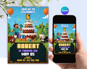 Editable Pixel Block Birthday Invitation Canva Template