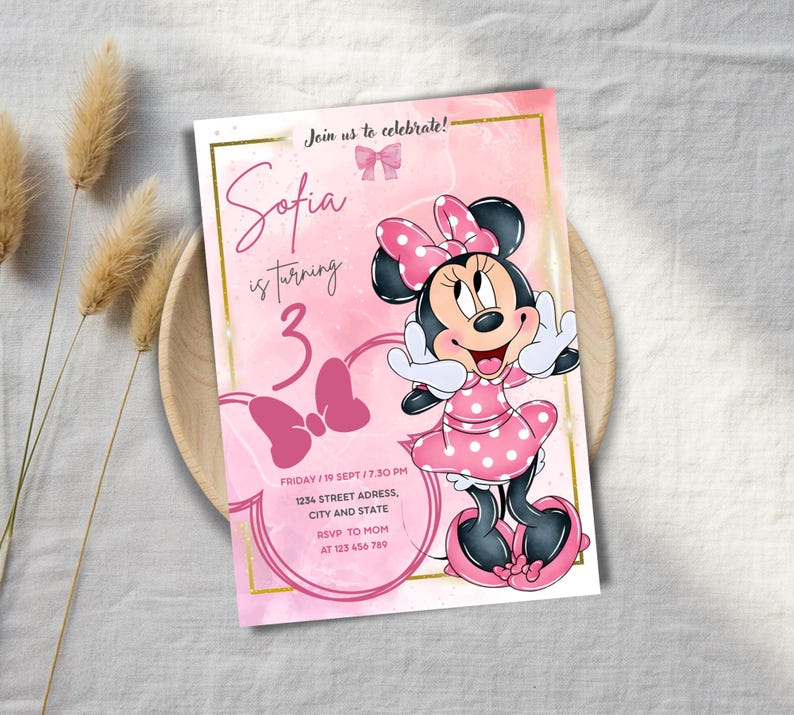 Editable Minnie Mouse 3rd Birthday Invitation, Pink Canva Template ...
