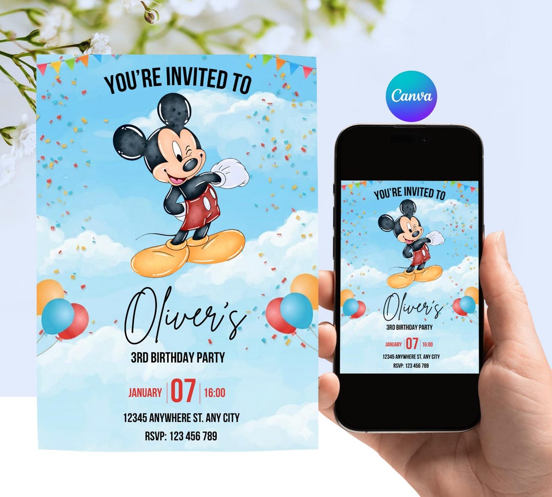 Editable Mickey Mouse 3rd Birthday Invitation, Sky Blue Boy Party Canva ...