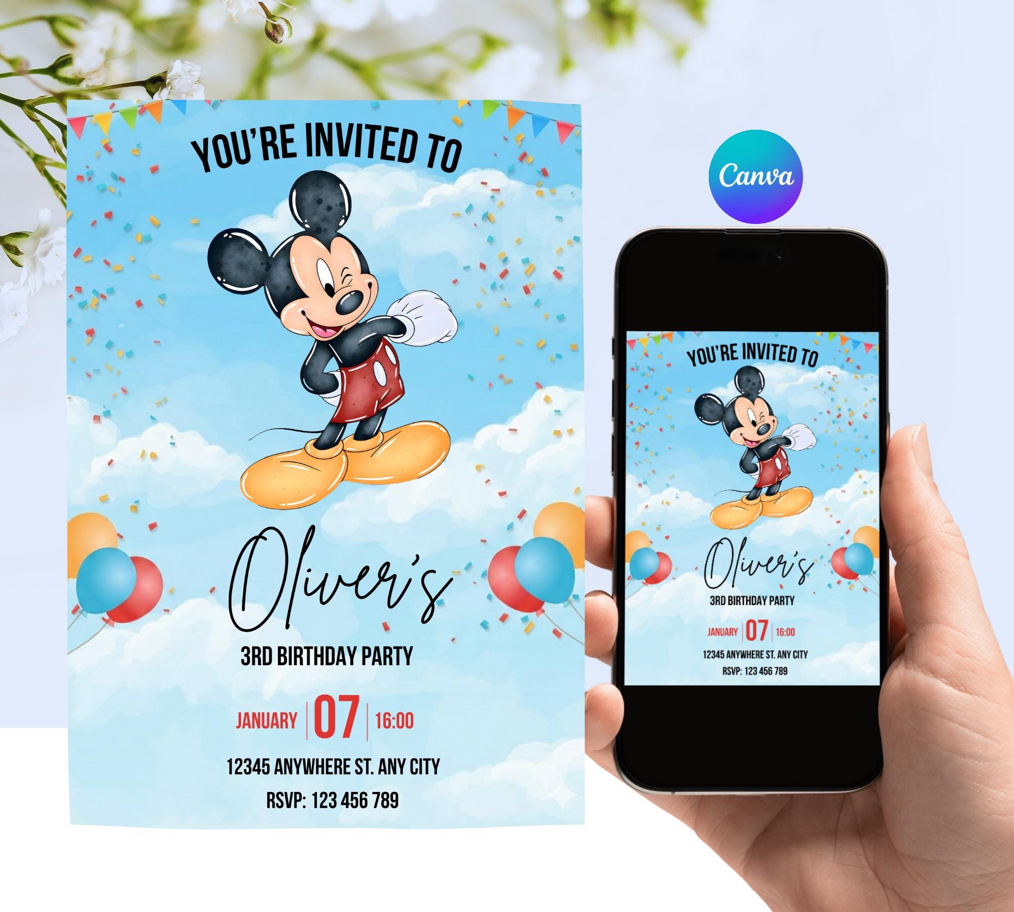 Editable Mickey Mouse 3rd Birthday Invitation, Sky Blue Boy Party Canva ...