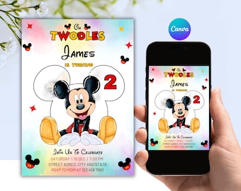 Mickey Mouse Oh Twodles Birthday Invitation, Editable Canva Template (Digital Download)