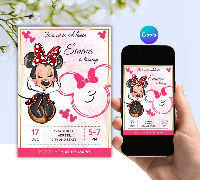 Editable Minnie Mouse 3rd Birthday Invitation, Canva Template (digital ...