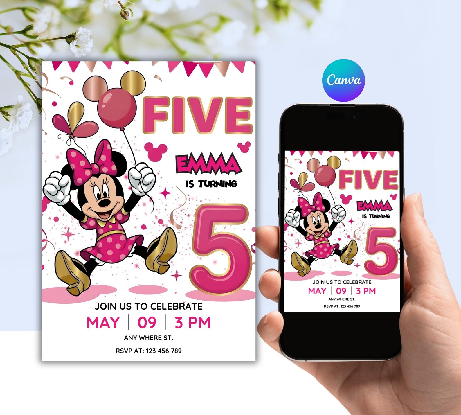 Editable Minnie Mouse 5th Birthday Invitation | Pink Canva Template 5x7 ...