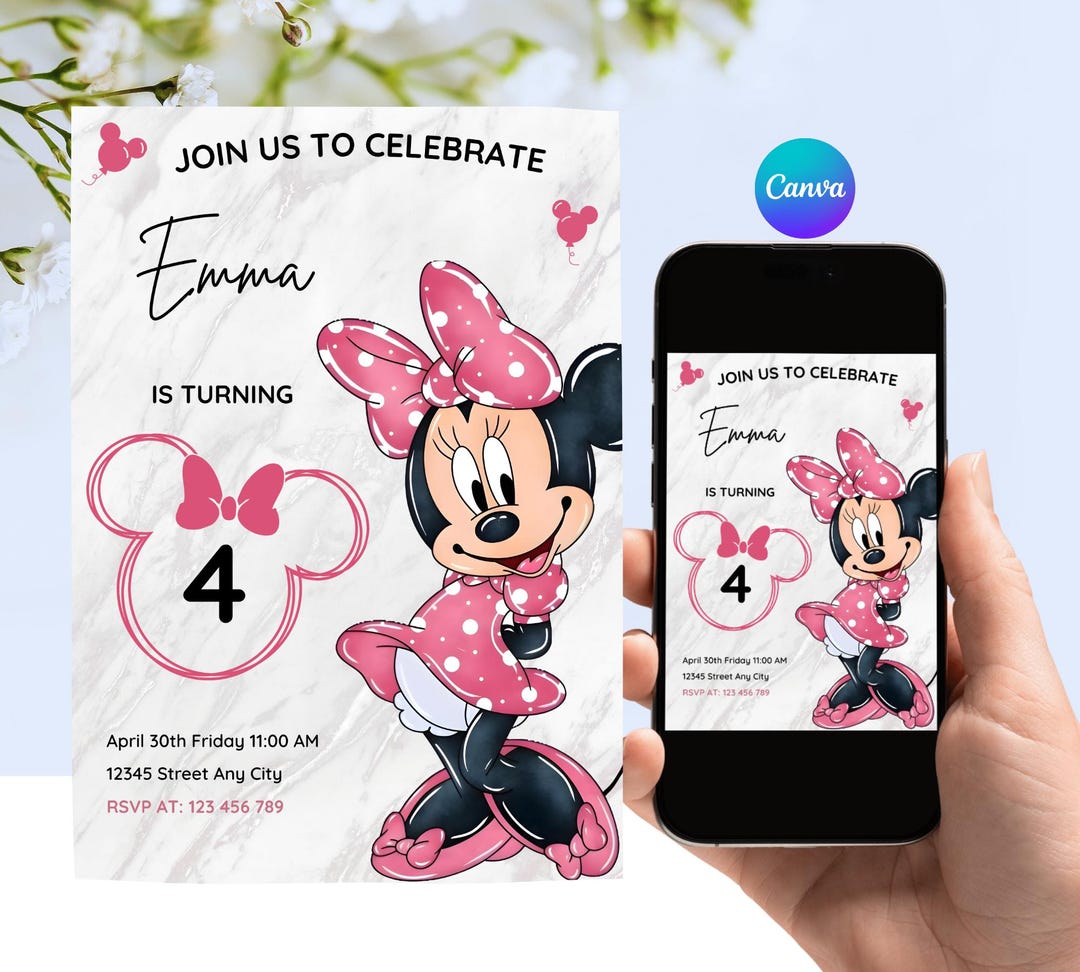 Editable Minnie Mouse 4th Birthday Invitation, Pink Polka Dot Girl ...