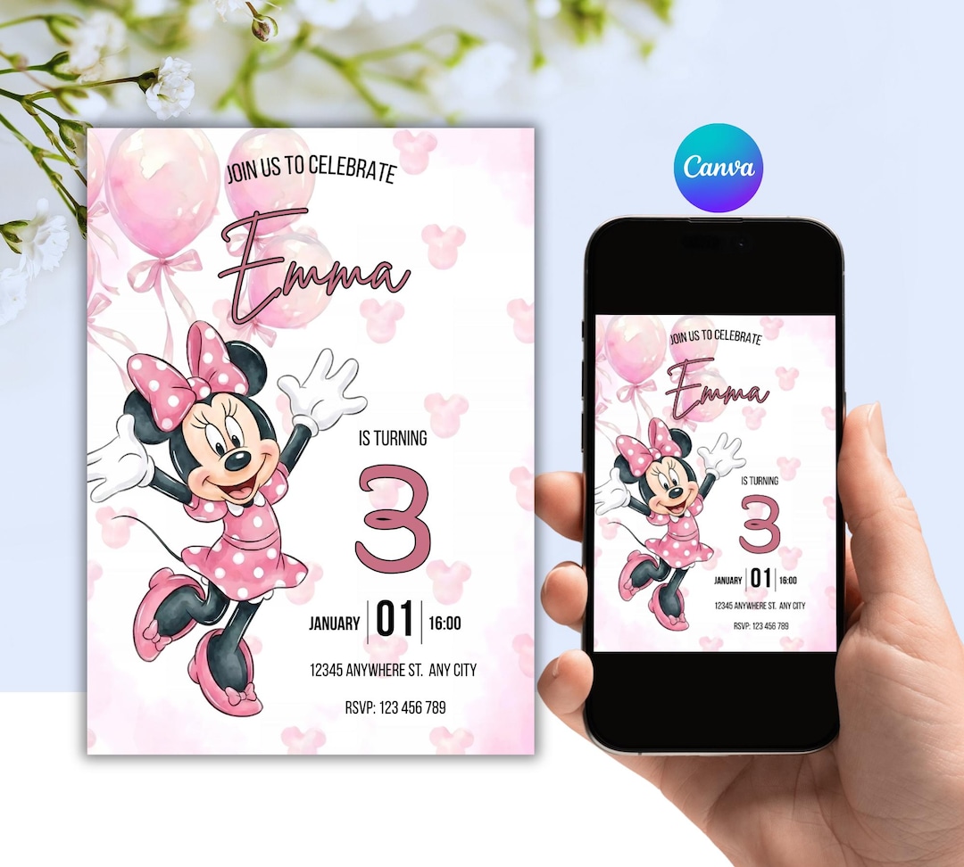 Editable Minnie Mouse Birthday Invitation for Girls | Canva Digital ...