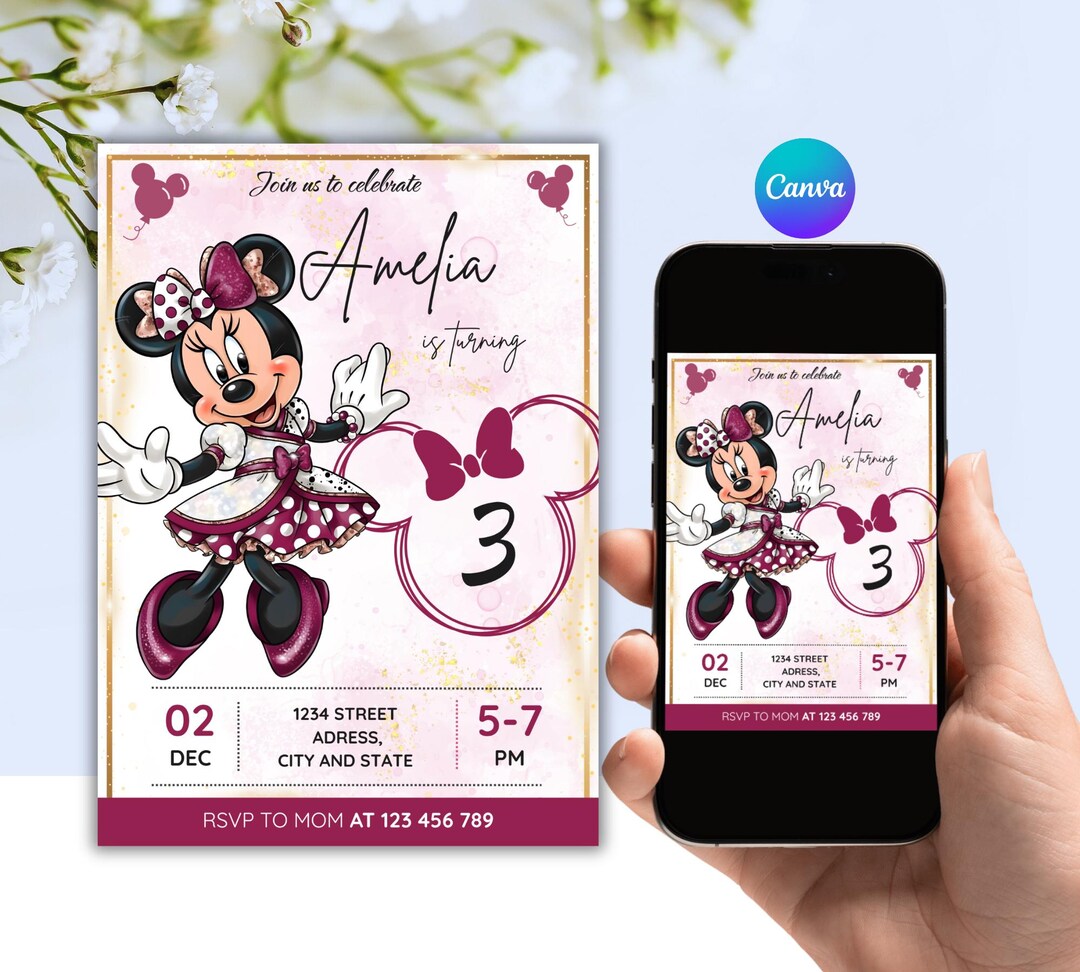 Editable Minnie Mouse Birthday Girl Invitation, Printable Canva Digital ...