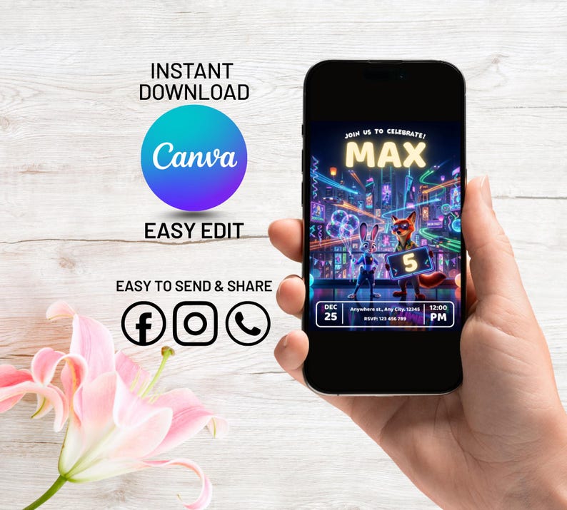 May include: A smartphone displays a birthday party invitation with the name "MAX" in large, glowing letters. The invitation features cartoon characters and the text "JOIN US TO CELEBRATE!" and "5". The phone is held in a hand, with the Canva logo and social media icons visible.
