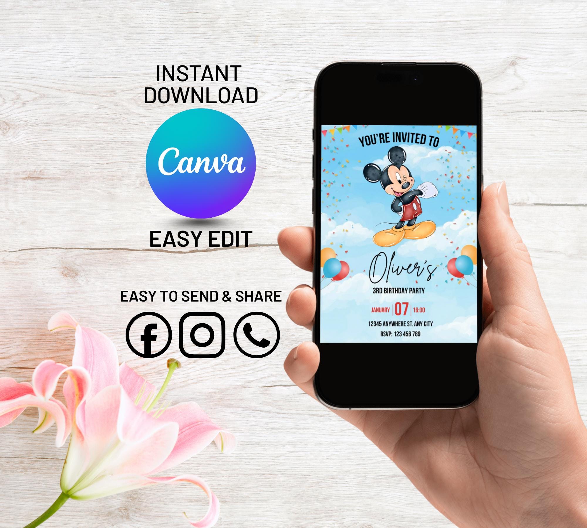 Editable Mickey Mouse 3rd Birthday Invitation, Sky Blue Boy Party Canva ...