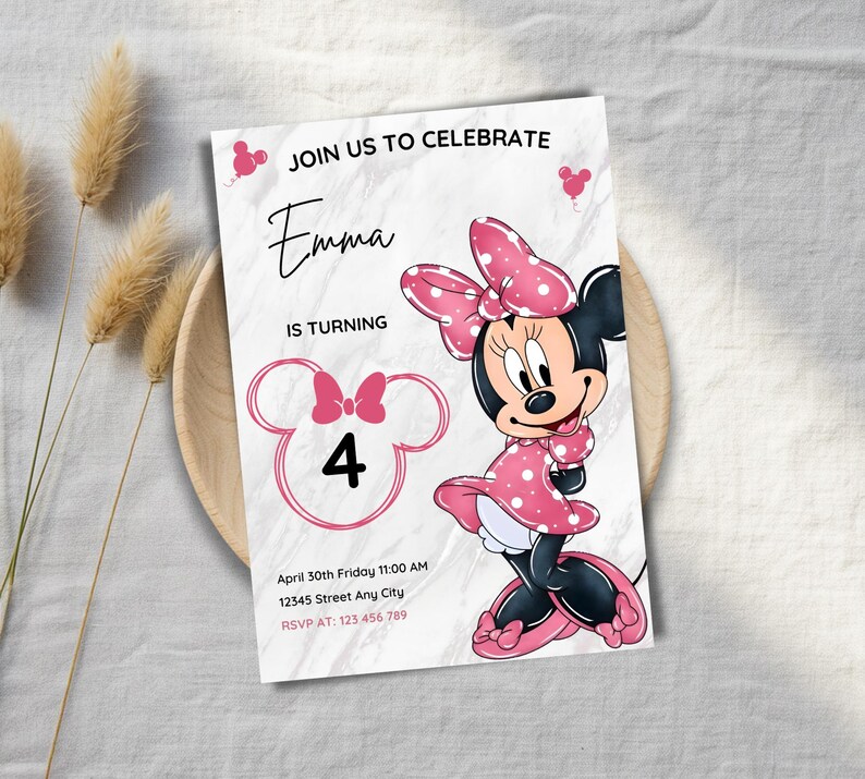 Editable Minnie Mouse 4th Birthday Invitation, Pink Polka Dot Girl ...
