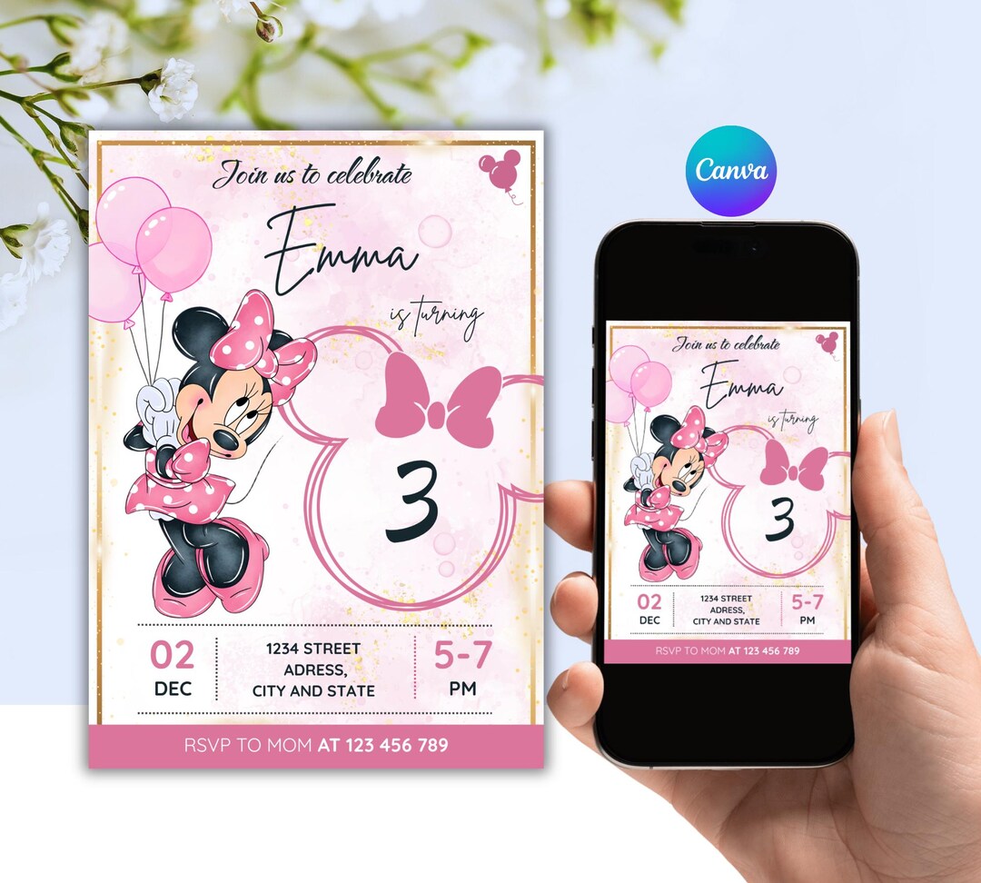 Editable Minnie Mouse Pink Birthday Invitation (digital Canva Template ...