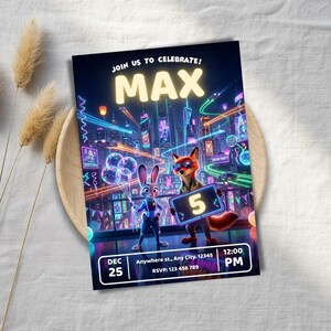May include: A colorful invitation card featuring the characters Judy Hopps and Nick Wilde from Zootopia. The card reads "Join us to Celebrate! MAX" with a cityscape background. The date is December 25th, with the time 12:00 PM.