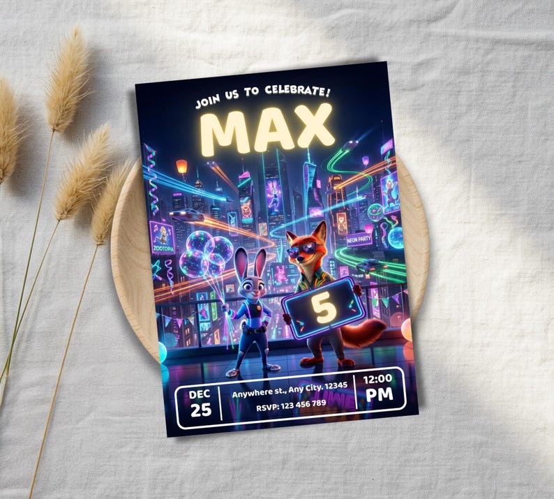 May include: A colorful invitation card featuring the characters Judy Hopps and Nick Wilde from Zootopia. The card reads "Join us to Celebrate! MAX" with a cityscape background. The date is December 25th, with the time 12:00 PM.