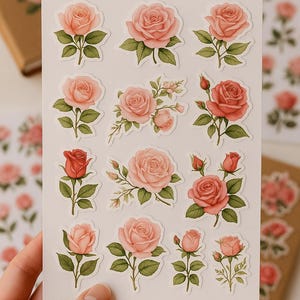 Pink Rose Stickers – 5 A4 Sheets (60 Floral Designs) | Printable PNG + PDF | Transparent Journal Stickers | Instant Download