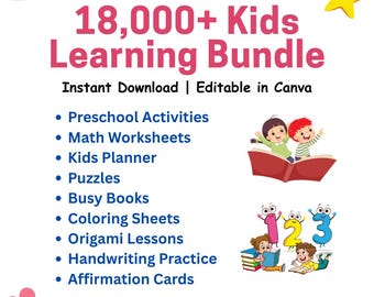 Könnte beinhalten: Ein weißer Hintergrund mit dem Text "18.000+ Kids Learning Bundle" in Pink. Das Bild listet Lernaktivitäten wie Vorschulaktivitäten, Mathe-Arbeitsblätter und Malvorlagen auf. Illustrationen von Kindern und Zahlen sind ebenfalls enthalten.