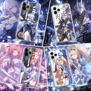 May include: Four clear phone cases featuring anime-style character illustrations. Each case displays a unique figure in detailed armor or attire, accompanied by geometric patterns, bold text, and small emblem icons on the back surface.
