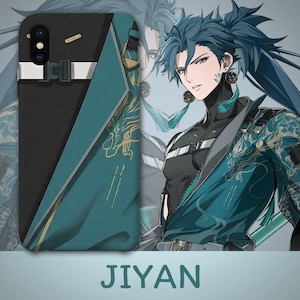 Può includere: Custodia per telefono con un design nero e verde acqua con un'illustrazione stilizzata di un personaggio con i capelli blu. La custodia ha un motivo a drago dorato e la parola "JIYAN" in bianco.