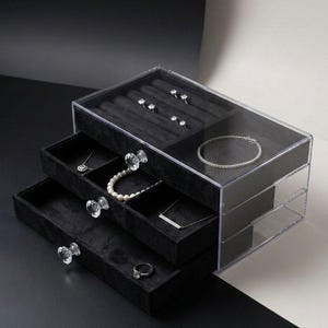 Pudełko na biżuterię z czarnego aksamitu z 3 szufladami, organizer toaletowy z kryształową gałką, BCW Design Art