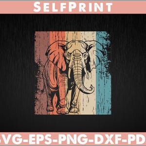 May include: A retro illustration of an elephant with a worn effect. The elephant is set against a rectangular backdrop with vertical stripes in orange, yellow, blue, and beige. The text "SELFPRINT" is at the top.
