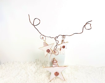 White Wishing Star Trio with Copper Wrap and gilded leaf