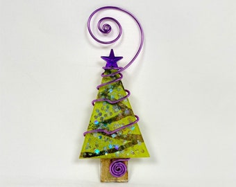 Lime Green and Gold Leaf Christmas Tree Glass Ornament. Gold Leaf Garland with Purple Wire Wrapping. Heirloom Quality Ornament.