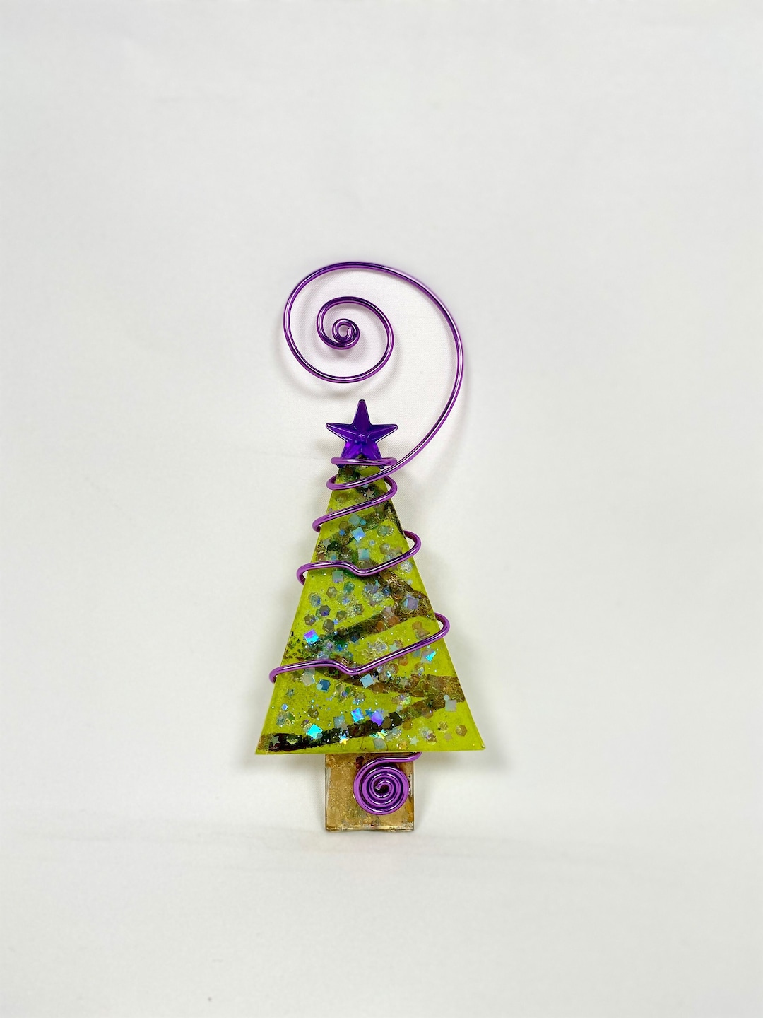 Lime Green and Gold Leaf Christmas Tree Glass Ornament. Gold Leaf
