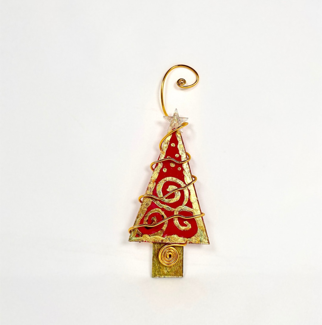 Red and Gold Leaf Christmas Tree Glass Ornament. Gold Leaf Garland and