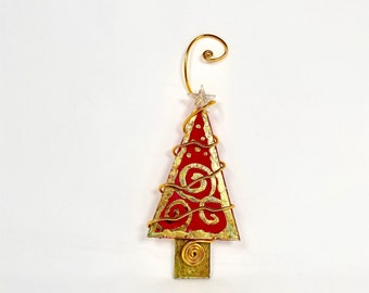 Red and Gold Leaf Christmas Tree Glass Ornament. Gold Leaf Garland and Wire Wrapping. Heirloom Quality Ornament.