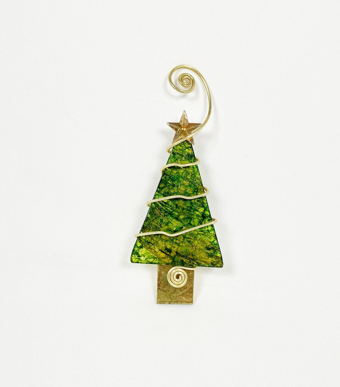 Forest Green and Gold Leaf Christmas Tree Glass Ornament. Gold Leaf