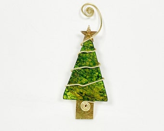 Forest Green and Gold Leaf Christmas Tree Glass Ornament. Gold Leaf Garland and Wire Wrapping. Heirloom Quality Ornament. Hostess Gift.