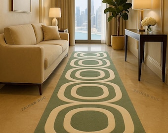 Alfombra de pasillo moderna de lujo con patrón ovalado verde –
