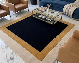 Modern Black Beige Border Rug, Hand Tufted Wool Area Rug, Minimalist Luxury Carpet