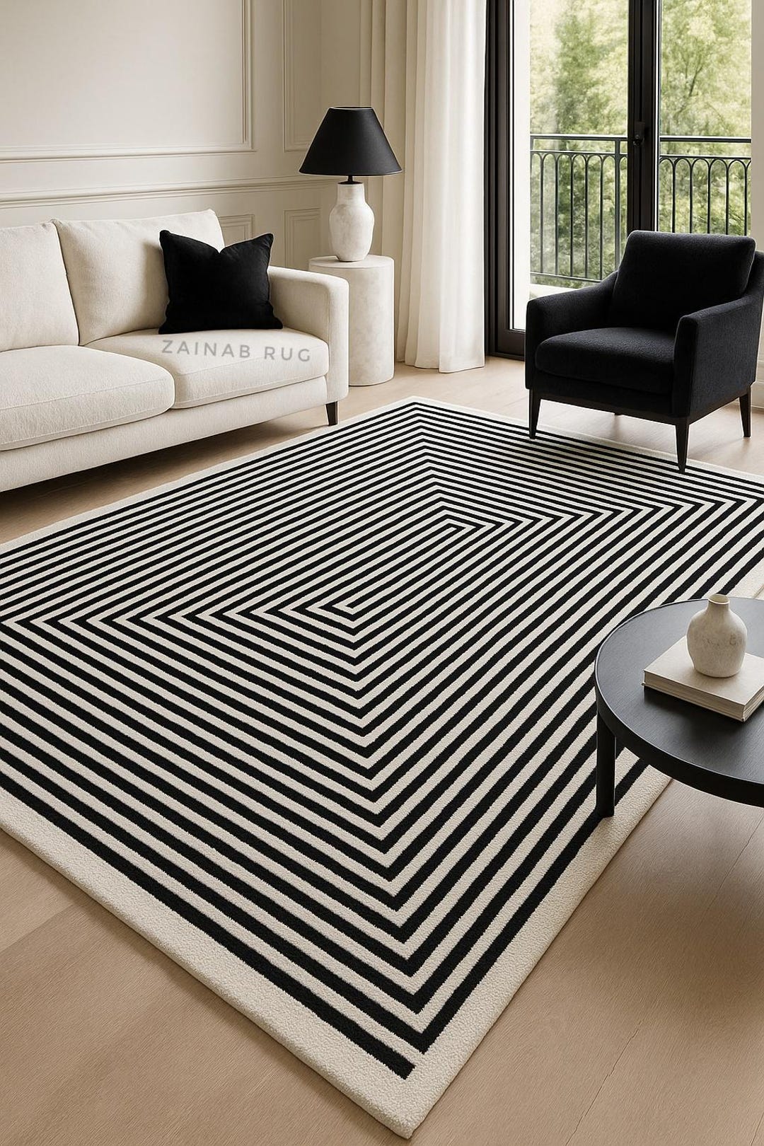 Modern Black Ivory Geometric Rug | Luxury Tufted Wool Carpet ...