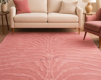 Alfombra abstracta de lana rosa tejida a mano, alfombra moderna texturizada para sala de estar.