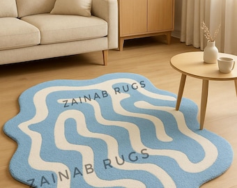 Hand Tufted Irregular Shape Rug, Blue Abstract Area Rug, Modern Wool Carpet,