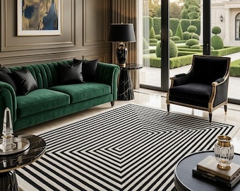 Black White Geometric Hand Tufted Wool Rug, Modern Area Rug, Luxury Abstract Carpet,