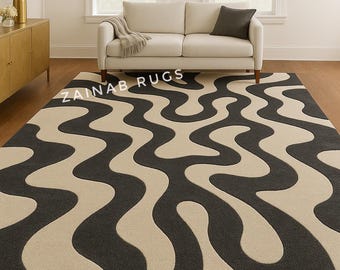 Modern Abstract Black Cream Rug, Hand Tufted Area Rug, Wavy Contemporary Carpet,