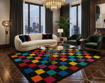 Hand Tufted Wool Area Rug, Colorful Geometric Rug, Modern Abstract Checkerboard Carpet,