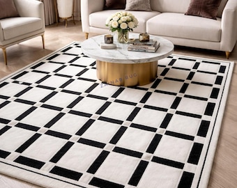Tappeto moderno bianco e nero trapuntato a mano, tappeto geometrico, tappeto di lusso per soggiorno,
